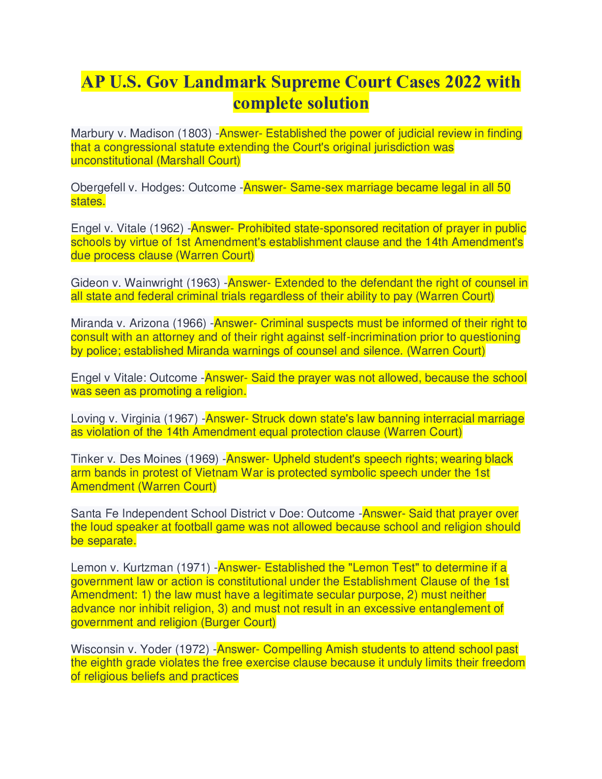 Preview image for AP U.S. Gov Landmark Supreme Court Cases 2022 with complete solution